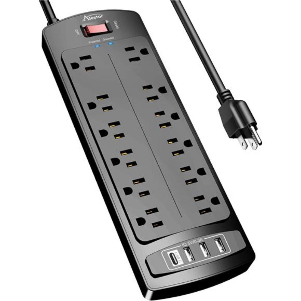 Power Strip, ALESTOR Surge Protector with 12 Outlets and 4 USB Ports, 6 Feet